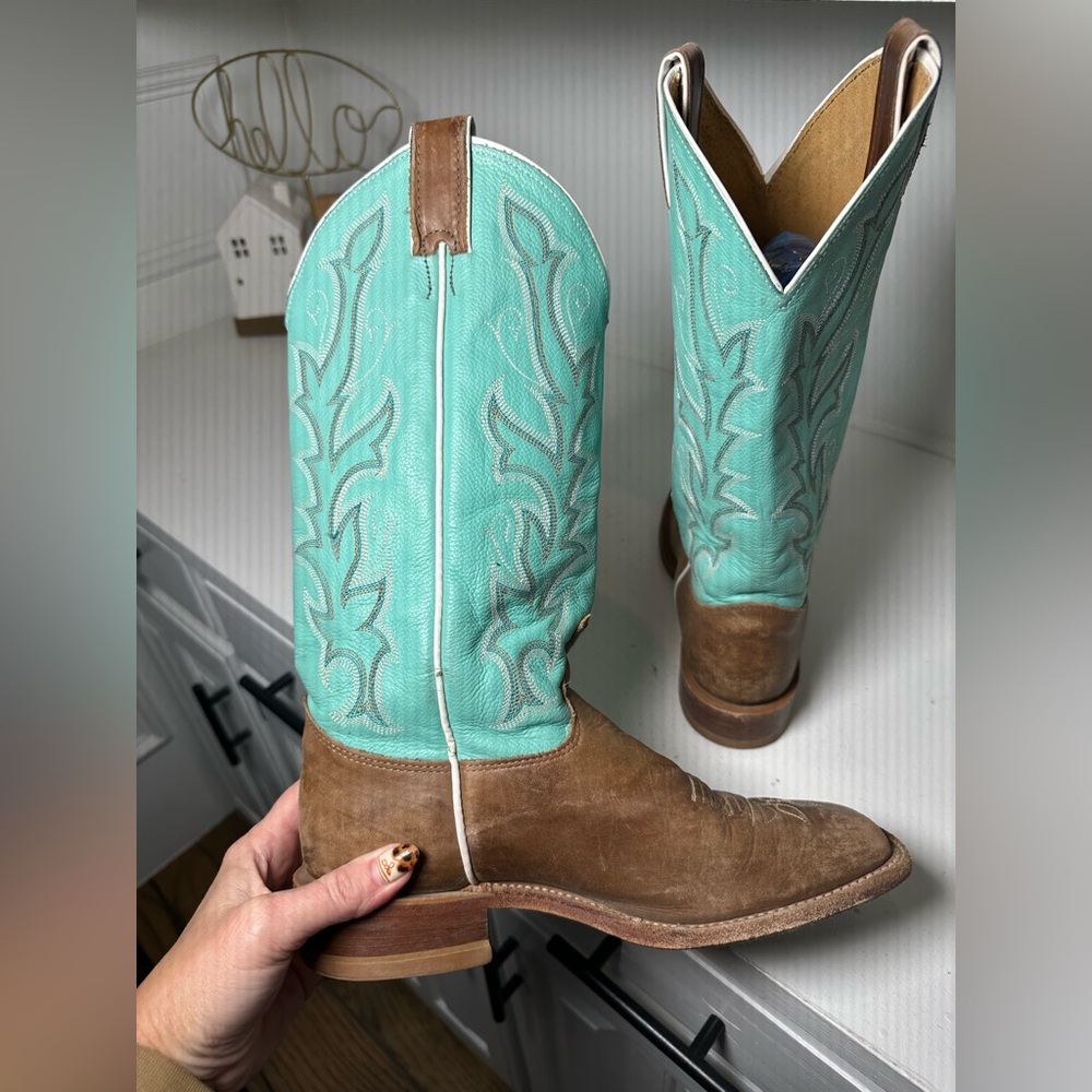Justin Women’s 8B Cowboy Boots Brown Leather & Turquoise Western Handmade USA - Picture 7 of 9